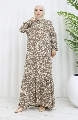 Viskon Kumaş Kolu Lastikli Desenli Elbise 2036-05 Vizon