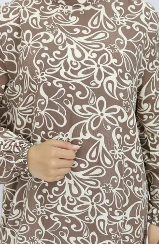 Viskon Kumaş Kolu Lastikli Desenli Elbise 2036-05 Vizon