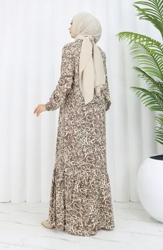 Viskon Kumaş Kolu Lastikli Desenli Elbise 2036-05 Vizon