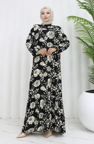 Viskon Kumaş Kolu Lastikli Desenli Elbise 2037-01 Siyah