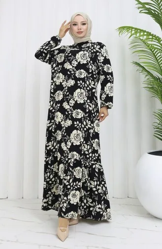 Viskon Kumaş Kolu Lastikli Desenli Elbise 2037-01 Siyah