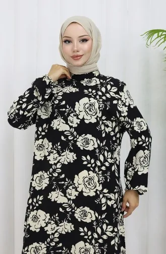 Viskon Kumaş Kolu Lastikli Desenli Elbise 2037-01 Siyah