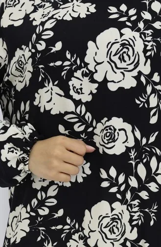 Viskon Kumaş Kolu Lastikli Desenli Elbise 2037-01 Siyah