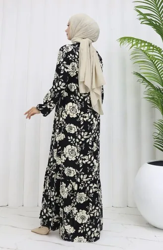 Viskon Kumaş Kolu Lastikli Desenli Elbise 2037-01 Siyah