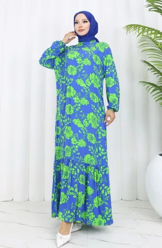 Viskon Kumaş Kolu Lastikli Desenli Elbise 2037-02 Saks