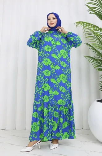 Viskon Kumaş Kolu Lastikli Desenli Elbise 2037-02 Saks