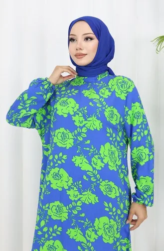 Viskon Kumaş Kolu Lastikli Desenli Elbise 2037-02 Saks