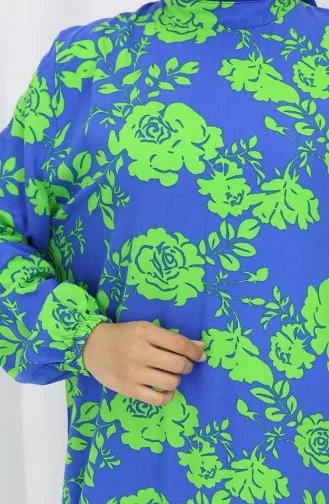 Viskon Kumaş Kolu Lastikli Desenli Elbise 2037-02 Saks