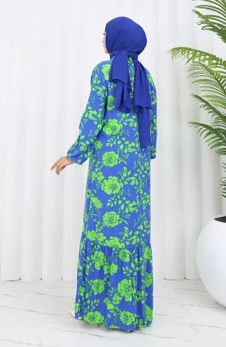 Viskon Kumaş Kolu Lastikli Desenli Elbise 2037-02 Saks