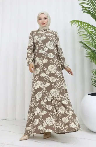 Viskon Kumaş Kolu Lastikli Desenli Elbise 2037-03 Vizon