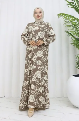 Viskon Kumaş Kolu Lastikli Desenli Elbise 2037-03 Vizon