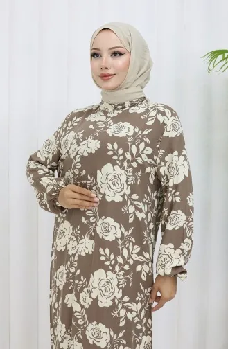 Viskon Kumaş Kolu Lastikli Desenli Elbise 2037-03 Vizon