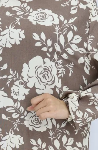 Viskon Kumaş Kolu Lastikli Desenli Elbise 2037-03 Vizon