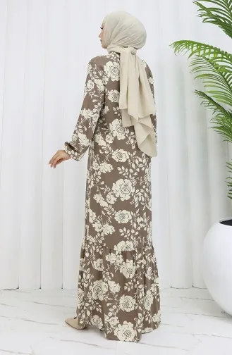 Viskon Kumaş Kolu Lastikli Desenli Elbise 2037-03 Vizon