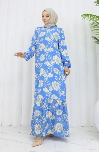 Viskon Kumaş Kolu Lastikli Desenli Elbise 2037-05 Mavi