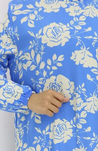 Viskon Kumaş Kolu Lastikli Desenli Elbise 2037-05 Mavi