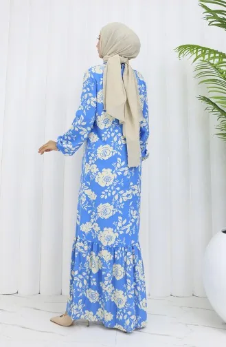 Viskon Kumaş Kolu Lastikli Desenli Elbise 2037-05 Mavi