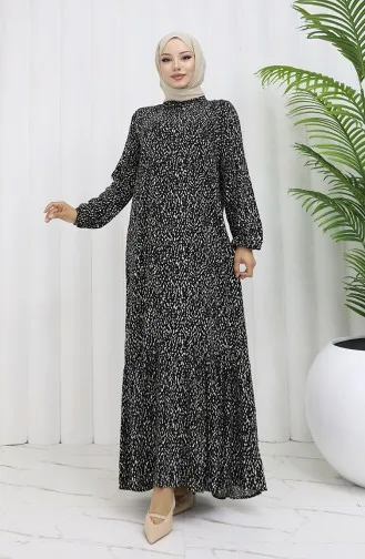 Viskon Kumaş Kolu Lastikli Desenli Elbise 2038-01 Siyah Bej