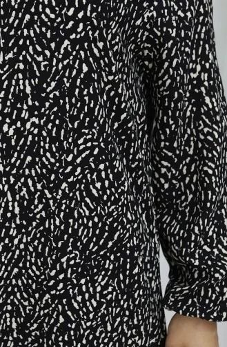 Viskon Kumaş Kolu Lastikli Desenli Elbise 2038-01 Siyah Bej