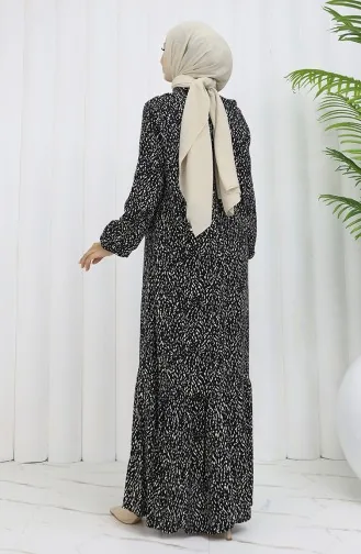 Viskon Kumaş Kolu Lastikli Desenli Elbise 2038-01 Siyah Bej