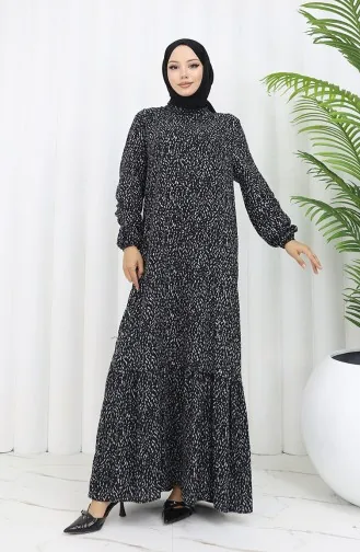Viskon Kumaş Kolu Lastikli Desenli Elbise 2038-02 Siyah
