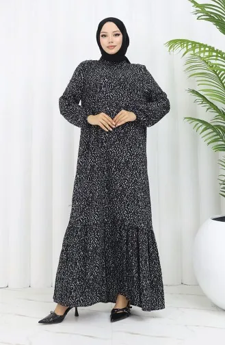 Viskon Kumaş Kolu Lastikli Desenli Elbise 2038-02 Siyah
