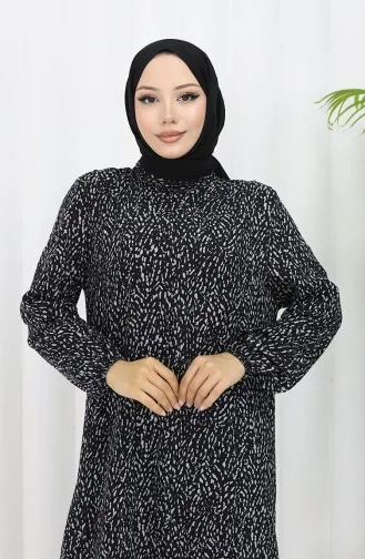 Viskon Kumaş Kolu Lastikli Desenli Elbise 2038-02 Siyah