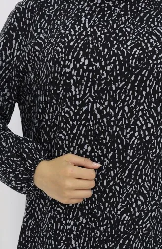 Viskon Kumaş Kolu Lastikli Desenli Elbise 2038-02 Siyah