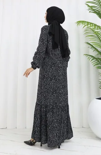 Viskon Kumaş Kolu Lastikli Desenli Elbise 2038-02 Siyah