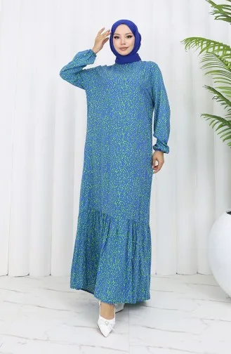 Viskon Kumaş Kolu Lastikli Desenli Elbise 2038-03 İndigo