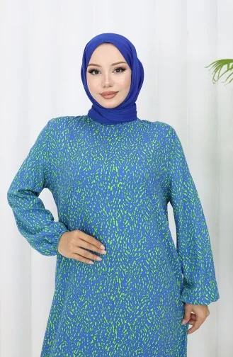 Viskon Kumaş Kolu Lastikli Desenli Elbise 2038-03 İndigo
