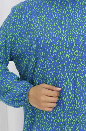 Viskon Kumaş Kolu Lastikli Desenli Elbise 2038-03 İndigo