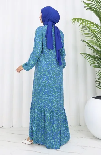 Viskon Kumaş Kolu Lastikli Desenli Elbise 2038-03 İndigo