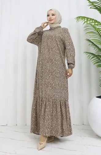 Viskon Kumaş Kolu Lastikli Desenli Elbise 2038-04 Vizon