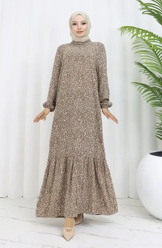 Viskon Kumaş Kolu Lastikli Desenli Elbise 2038-04 Vizon