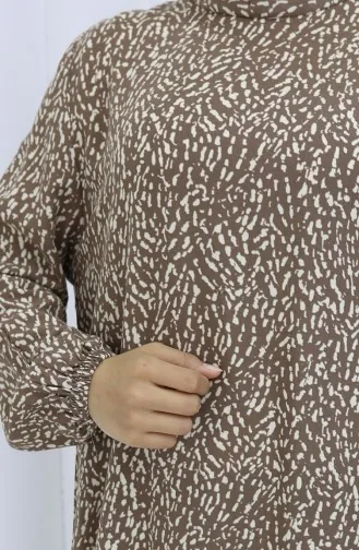 Viskon Kumaş Kolu Lastikli Desenli Elbise 2038-04 Vizon