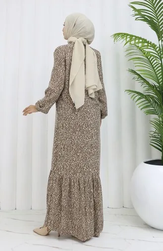 Viskon Kumaş Kolu Lastikli Desenli Elbise 2038-04 Vizon