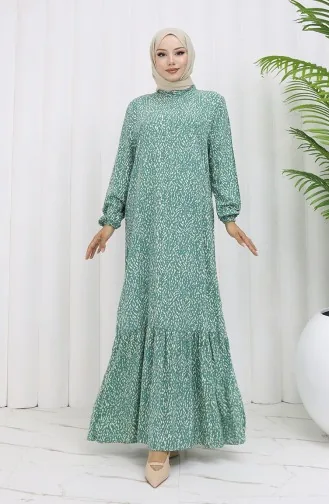 Viskon Kumaş Kolu Lastikli Desenli Elbise 2038-05 Çağla Yeşili