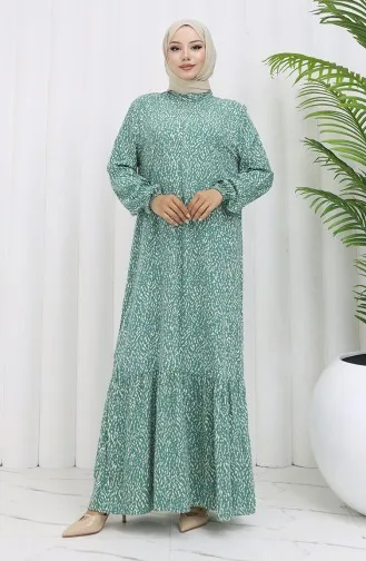 Viskon Kumaş Kolu Lastikli Desenli Elbise 2038-05 Çağla Yeşili