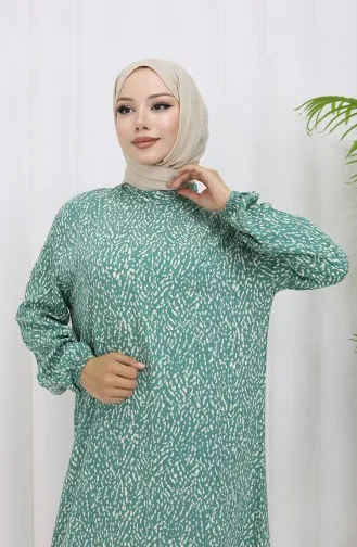 Viskon Kumaş Kolu Lastikli Desenli Elbise 2038-05 Çağla Yeşili