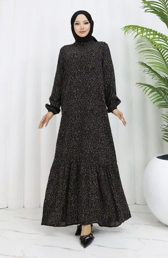 Viskon Kumaş Kolu Lastikli Desenli Elbise 2038-06 Siyah Kahve