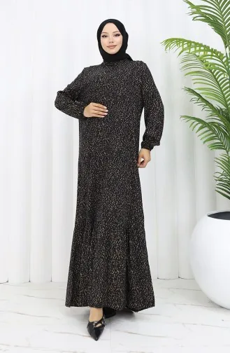 Viskon Kumaş Kolu Lastikli Desenli Elbise 2038-06 Siyah Kahve