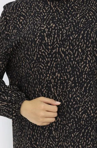 Viskon Kumaş Kolu Lastikli Desenli Elbise 2038-06 Siyah Kahve