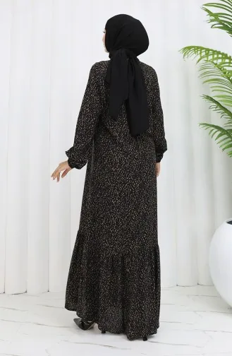 Viskon Kumaş Kolu Lastikli Desenli Elbise 2038-06 Siyah Kahve