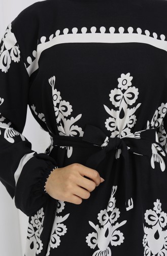 Viskon Kumaş Desenli Kuşaklı Elbise 2039-02 Siyah Beyaz