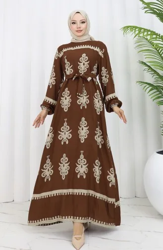 Viskon Kumaş Desenli Kuşaklı Elbise 2039-03 Kahverengi Bej