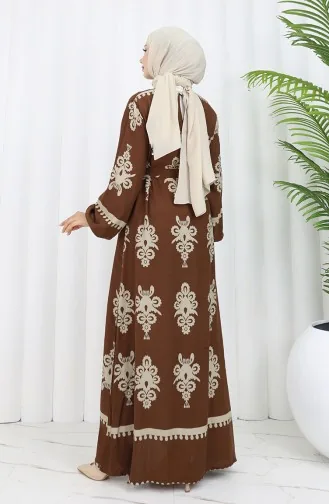Viskon Kumaş Desenli Kuşaklı Elbise 2039-03 Kahverengi Bej