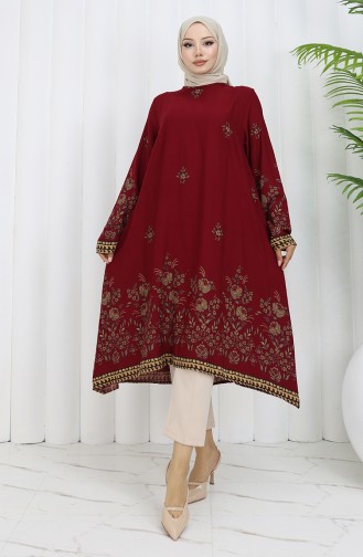 Viskon Kumaş Çiçekli Desenli Tunik 1004-02 Bordo
