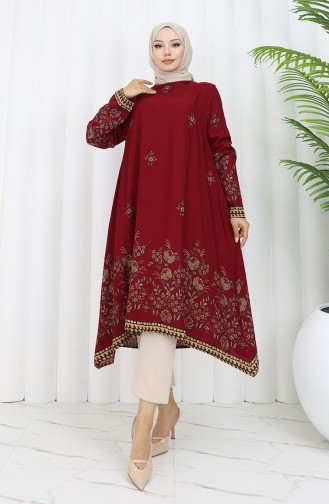 Viskon Kumaş Çiçekli Desenli Tunik 1004-02 Bordo
