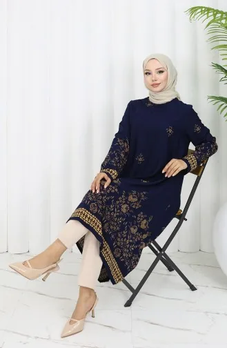 Tunique En Viscose à Motifs Floraux 1004-03 Bleu Marine 1004-03